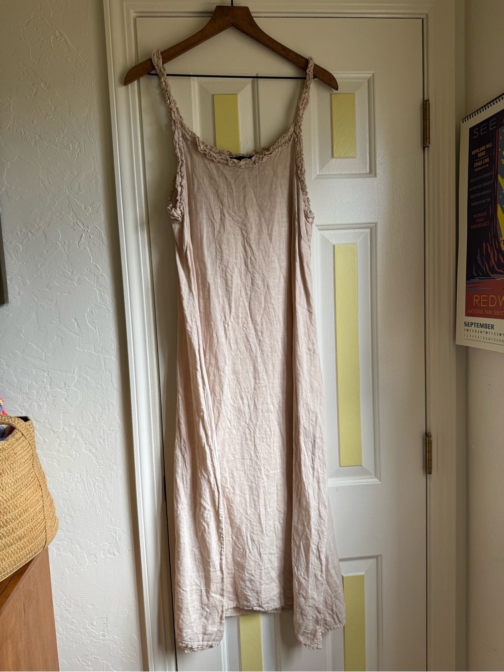 100% linen Slip Dress in Light Beige with ruffle trim